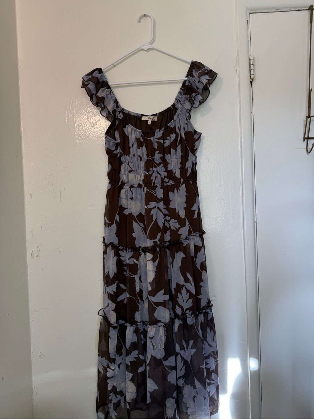 Hint of Blush Floral Chiffon Maxi Dress Brown Blue Tiered Cottagecore M